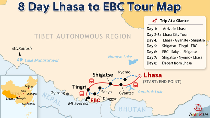 8 Days Lhasa to EBC Tour Map
