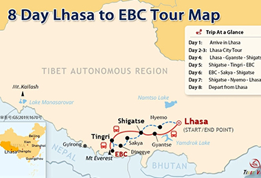 8 Days Lhasa Mt.Everest Winter Tour Map