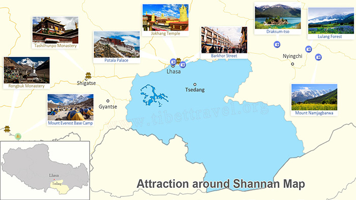 Attractions around Lhoka City on Map