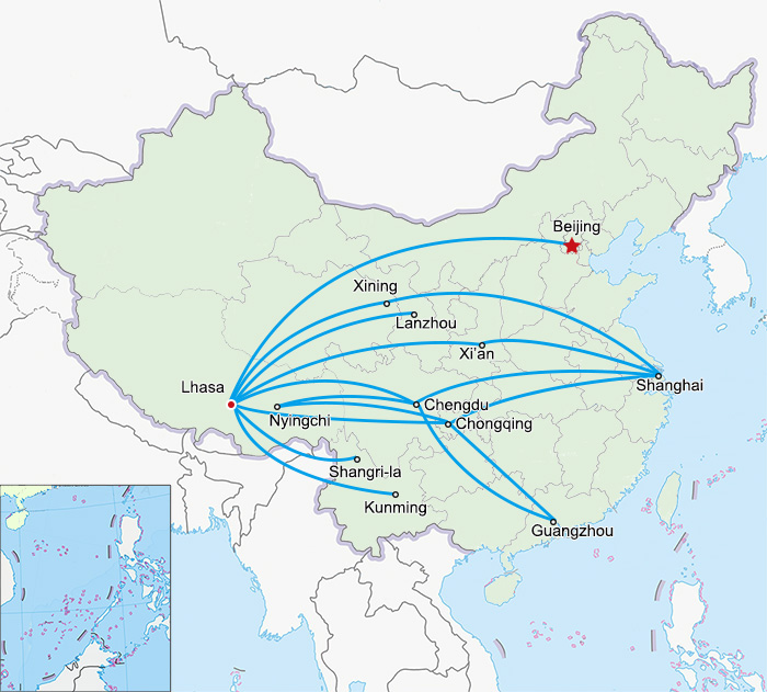 map of demestic flights to lhasa