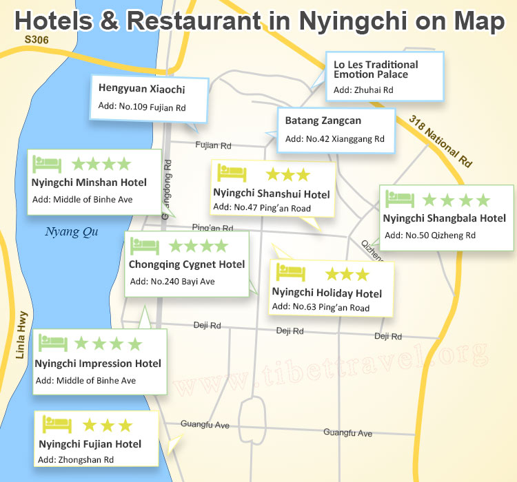 map of nyingchi accommodation and restaurant