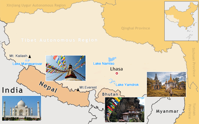 Map of Tibet Lhasa and Surrounding Countries in Asia
