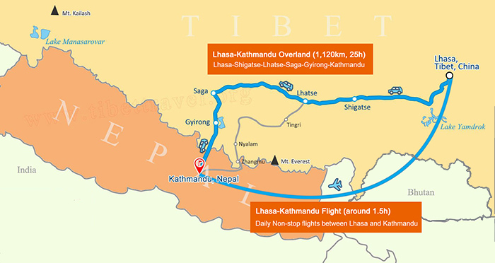 map of lhasa to 
kathmandu overland and flight route