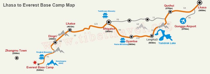 map of lhasa to mount everest base camp