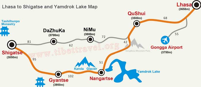 map of lhasa to shigatse and yamdrok lake