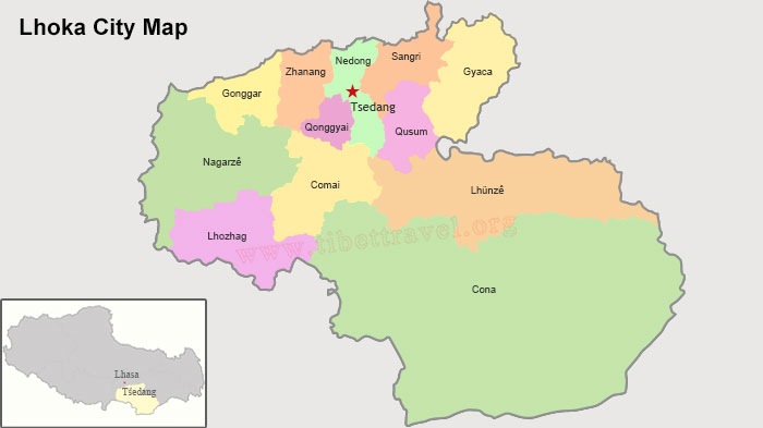 Lhoka City and Surrounding Districts and Counties Map