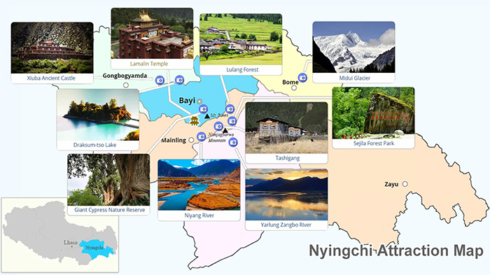 map of nyingchi tourist attraction