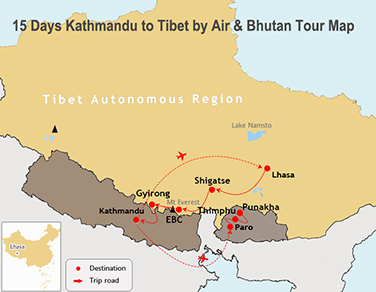 15 Day Nepal Tibet Bhutan Tour by Flight Map