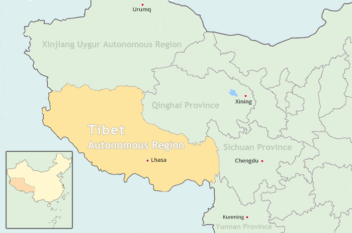 Map of Mainland China Bordering Tibet