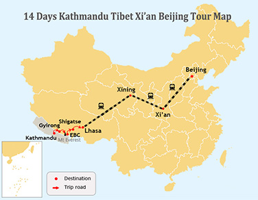 14 Days Kathmandu-Lhasa-Beijing Tour Map