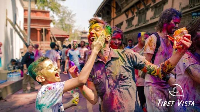 Travelers celebrating the Holi Festival in Kathmandu