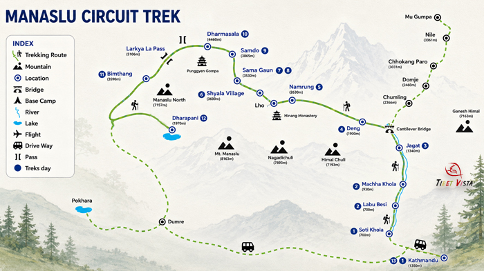 Map of the classic Manaslu Circuit Trek around Mount Manaslu in Nepal