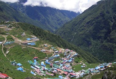  Namche Bazaar village is located on crescent shaped mountain slopes that offer stunning views of the mountains across the valley. 