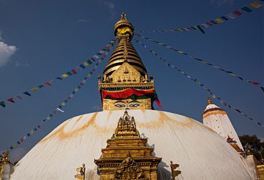 Swayambhunath stupa is an ancient religious architecture atop a hill in the Kathmandu valley.