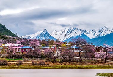 Tibetan Villages in Nyingchi with the Snow Mountain and Sejila Mountain at the background