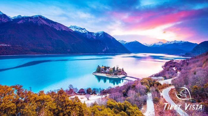 peach blossoms at Draksum Tso Lake