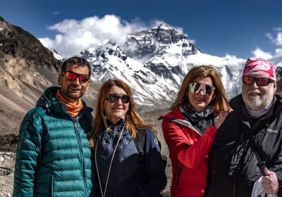 Traveler photo: Group photo at Everest base camp in Tibet, with the close-up view of the world's highest peak. (April 2026)