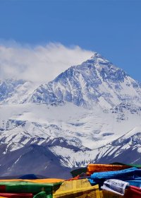 Traveler photo: Clear views of Mount Everest from Gawula mountain pass, framed by the colorful Tibetan praying flags. (April 2026)	
