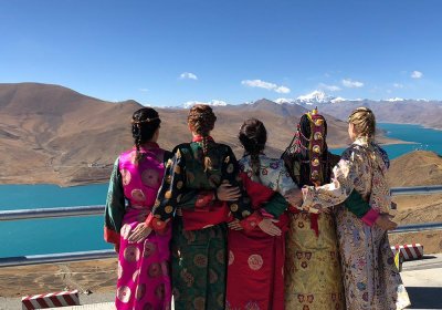Traveler photo: Our beloved guests explore Yamdrok Lake in traditional Tibetan dress. (April 2025)