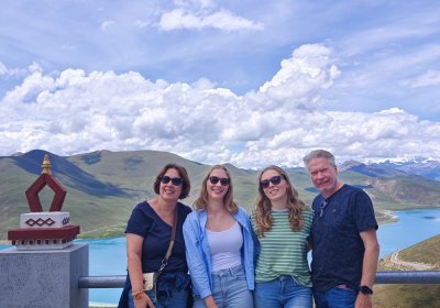 Traveler photo: A family from our group enjoys the beautiful view over Yamdrok Lake. (August 2026)