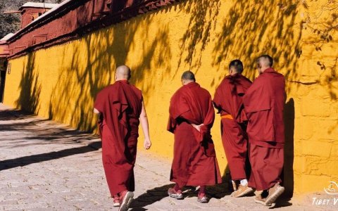 Traveler photo: Beside the yellow courtyard walls of a monastery in Lhasa, Tibet, three red-robed monks walk side by side through ancient alleys. (December 2025)