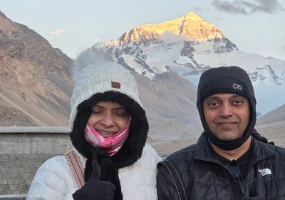 Traveler photo: Guest's photo at Everest base camp, framed by the highest mountain in the world. (July 2026)	