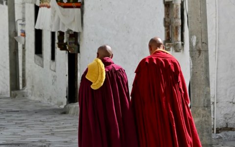 Traveler photo: Two red-robed monks walk side by side through a Lhasa alley, their figures fading into the distance. (July 2026)