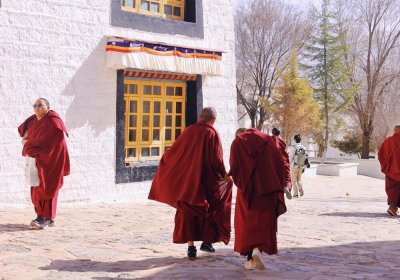Traveler photo: Before a Lhasa temple, we freeze the moment monks walk by—where religious life meets daily rhythm. (March 2026)