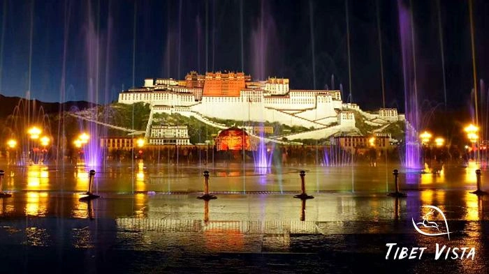 enjoy the music fountain and light show at Potala Palace Square at night