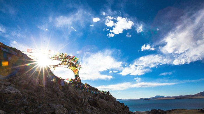 fluttering prayer flags at Namtso Lake