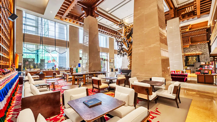 Tibetan-style lobby of Qomo Langzong Hotel in Shigatse