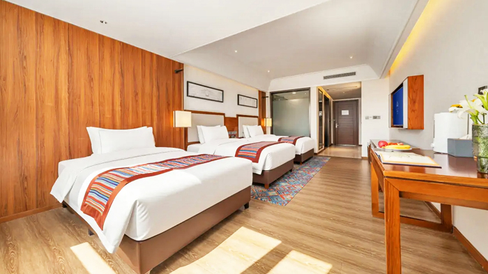 Tibetan-style guest rooms at Qomo Langzong Hotel in Shigatse