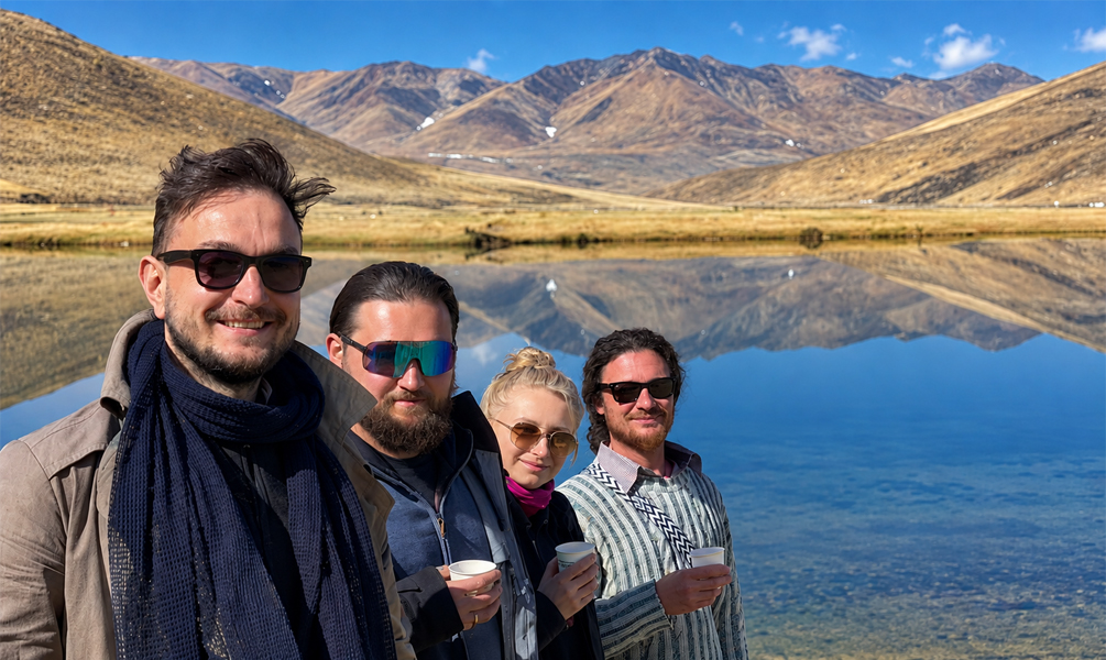 Travelers by a Himalayan Lake on the Journey to Tingri