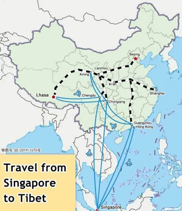 Singapore to Lhasa travel route map