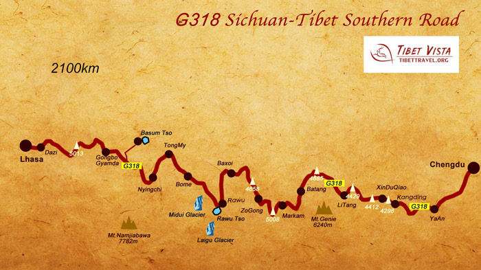 map of sichuan tibet highway