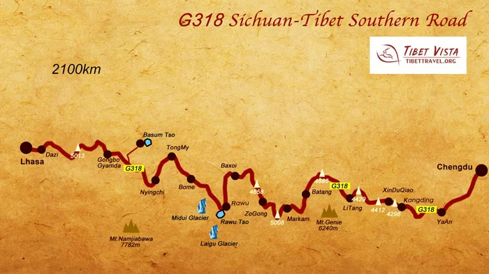 Sichuan Tibet Highway Southern Route Map