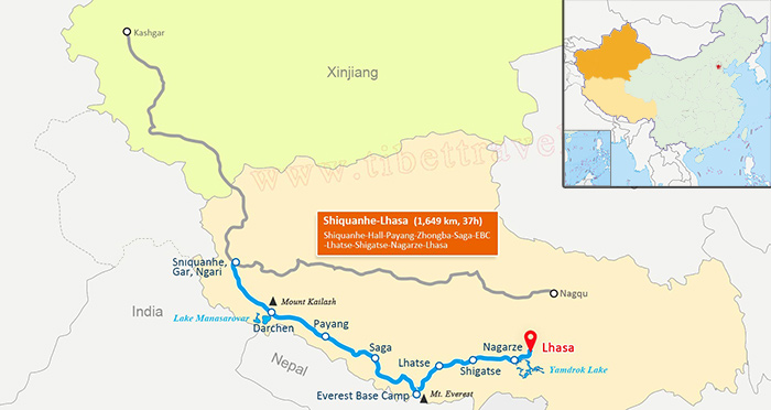map of Lhasa Kailash overland route