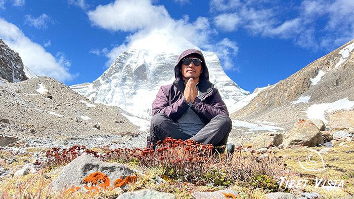 Our Tibetan tour Guide Sonam Tenphel meditation in front of Mt. Kailash