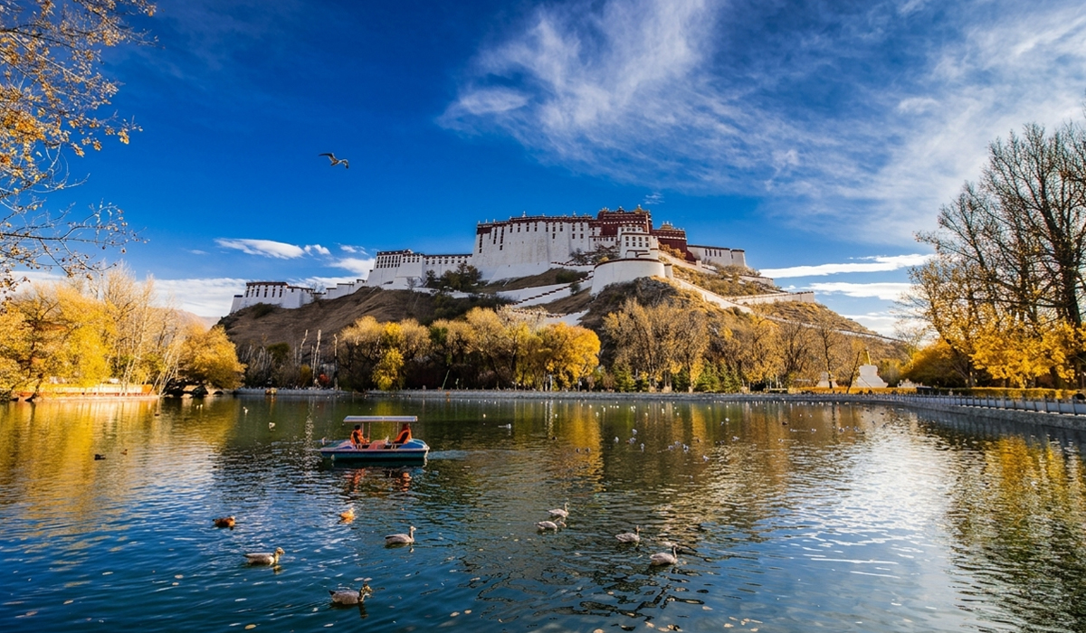 enjoy a peaceful boat ride behind potala palace in autumn