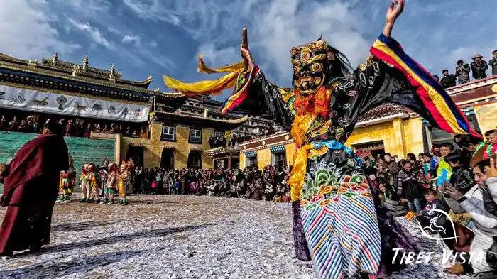 Tibetan monks perform the Tibetan Cham Dance in Tibet