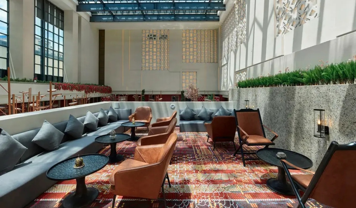 Atrium lobby lounge with armchairs