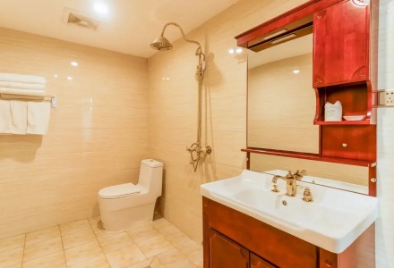 Hotel bathroom with shower vanity sink and toilet