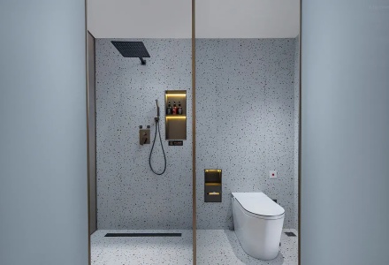 Modern terrazzo bathroom with shower and smart toilet at Mullenlazone Shigatse Hotel