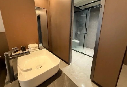 Modern vessel sink and walk-in shower room at Western Inn Sheli Hotel