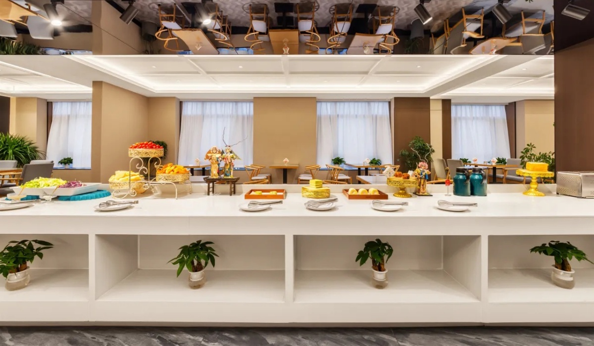 Buffet breakfast counter with fresh food options