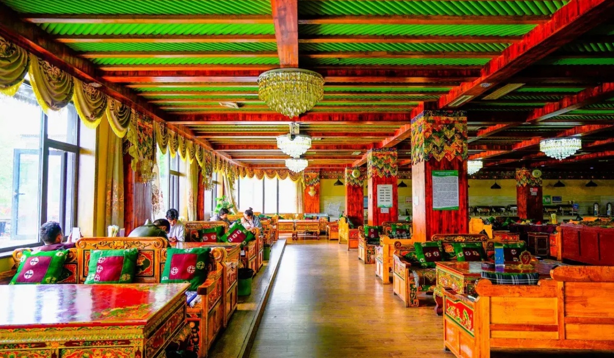 Hotel dining area with traditional Tibetan decorations