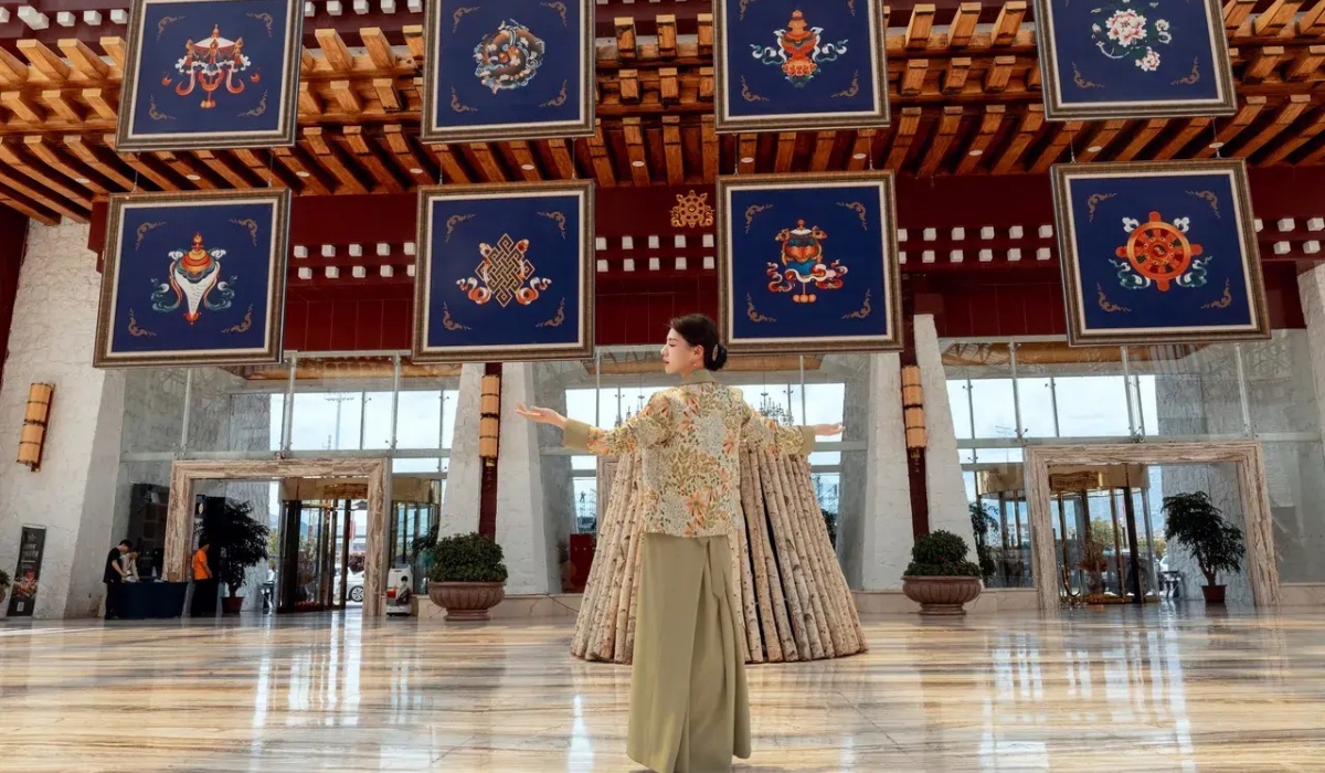 Grand lobby hall at InterContinental Lhasa Paradise with Tibetan-inspired architecture