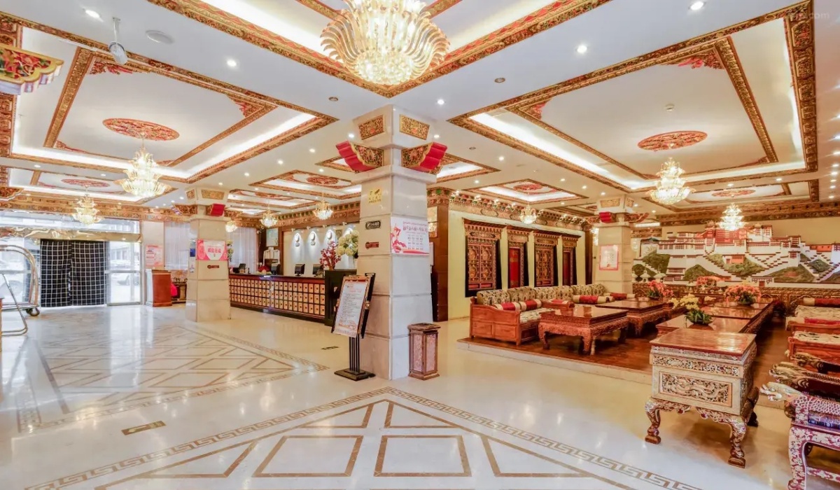Grand hotel lobby with Tibetan decor at Shiga Yangcha Grand Hotel