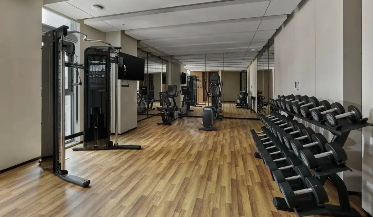 Hotel gym with fitness equipment