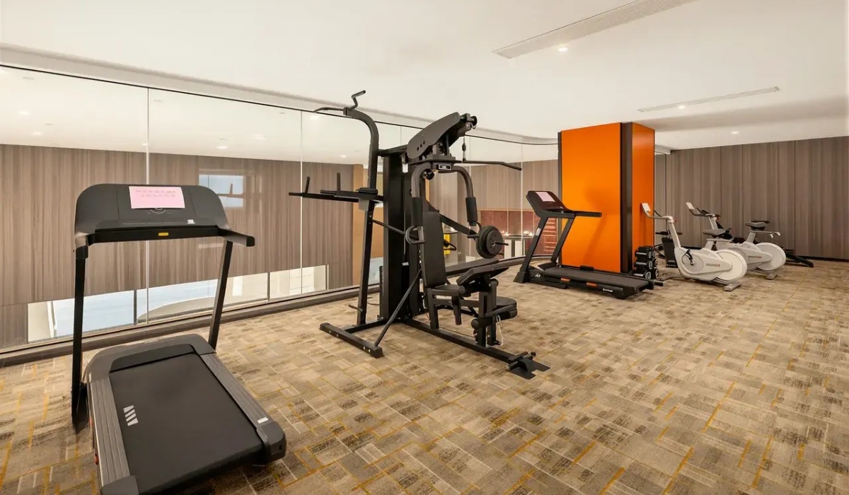 Hotel fitness center with workout equipment